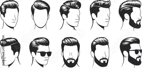 Set of Professional Men Hairstyles and Beard Styles Vector Illustrations Featuring Modern Pompadour Undercut and Grooming Icons for Barbershop Signage Design and Male Fashion