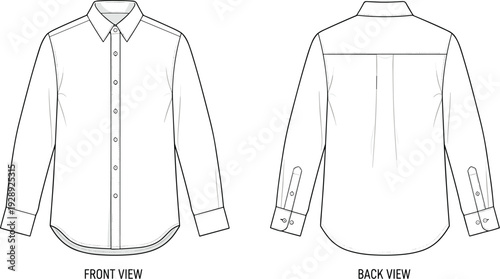 Technical Fashion Sketch of Classic Long‑Sleeve Button‑Up Shirt Showing Front and Back Views with Collar, Placket, and Pleat Details