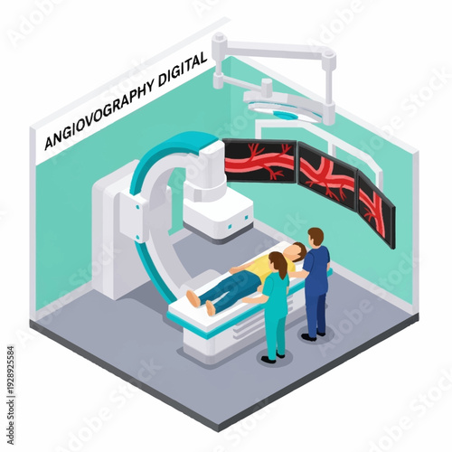 Medical professionals conducting digital angiography procedure on a patient in a modern hospital room.