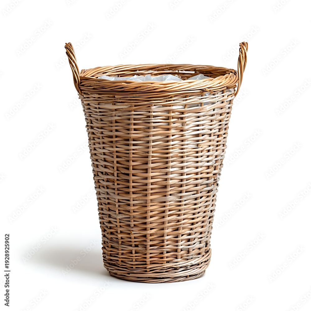 Obraz premium Classic Woven Basket for Storage with Handles and Soft Fabric Liner on White Background