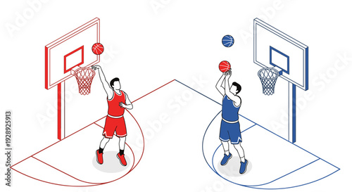 Basketball Players Dunking Balls into Hoops.