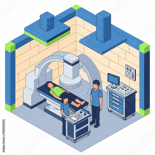 Medical professionals operating radiation therapy equipment in a clinical setting.