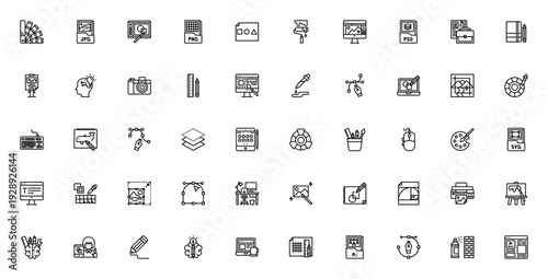 Graphic Design icon set. Vector illustration tools collection. Includes icons for colors, typography, sketchbook, layout, pen tool, color wheel, and more. Editable stroke.