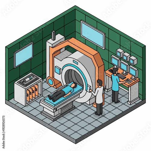 Medical Imaging Room with MRI Machine and Healthcare Professionals.