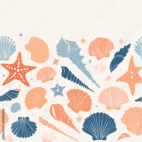 An overhead view of assorted seashells and starfish scattered on a surface