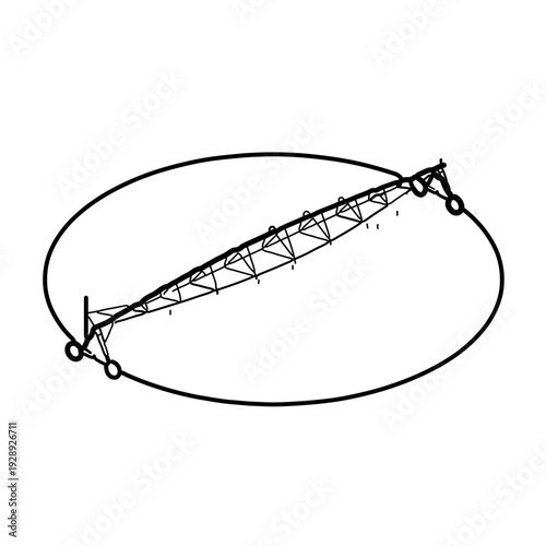Minimalist black and white vector icon of a center pivot irrigation system with rotating truss towers, representing large-scale industrial farming and modern agrobusiness technology