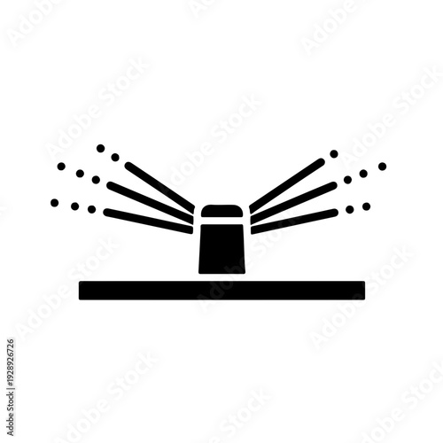 Professional black and white vector icon of a rotating pop-up sprinkler head with radial water spray, representing premium landscaping and automatic garden irrigation systems