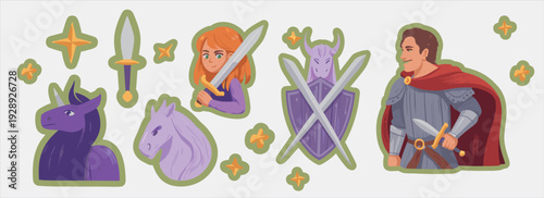 Medieval fantasy cartoon sticker set, knight princess unicorn sword shield magical fairytale characters isolated on light background illustration