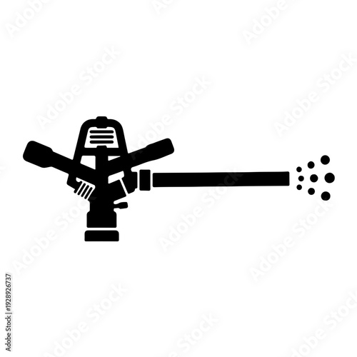 Classic black and white vector icon of a heavy-duty impact sprinkler head with dual spray nozzles, representing traditional agricultural irrigation and large-scale lawn watering