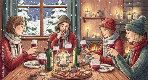 Four friends enjoying a cozy winter meal indoors by the fireplace.