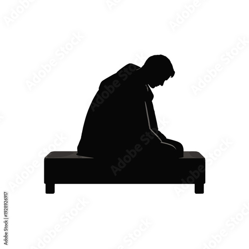 Silhouette of a man sitting with head down. Concept of grief and prayer. Vector design