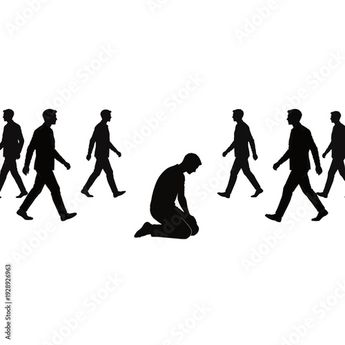 Silhouette of kneeling person surrounded by walking crowd. Loneliness and depression concept. Vector illustration
