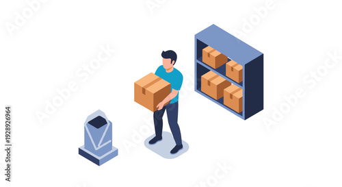 Man Holding Box in Storage Facility.
