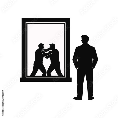 Man watching a fight through a window frame. Silhouette of conflict and observation. Vector illustration