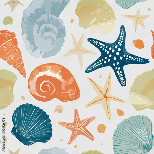 A serene underwater scene featuring starfish and seashells in various colors and shapes, viewed from directly above.