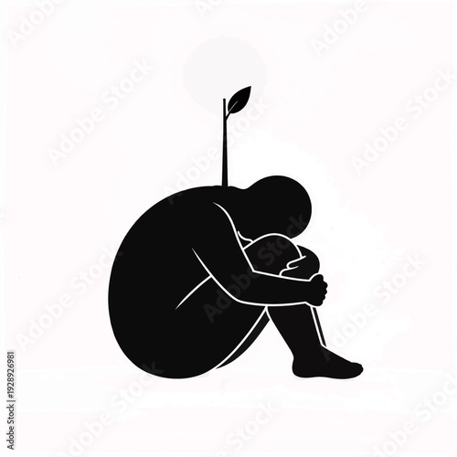 Silhouette of person in fetal position with plant growing from back. Hope and rebirth concept. Vector illustration