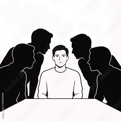 Man under pressure surrounded by intimidating silhouettes. Interrogation and anxiety concept. Vector illustration