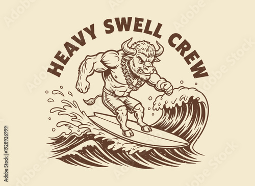 Illustration of Minotaur Surfing on Wave.