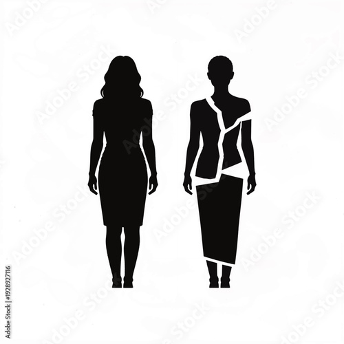Woman silhouette with shattered glass effect. Broken self-image concept. Vector illustration