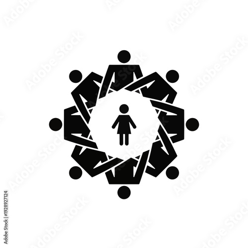 Family circle around child icon. Community safety net and protection concept. Black silhouette vector illustration