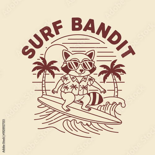 Raccoon Wearing Sunglasses Surfing on Board.
