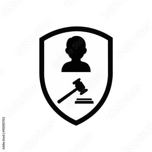 Legal protection shield icon with gavel and person. Justice and child advocacy concept. Black silhouette vector symbol