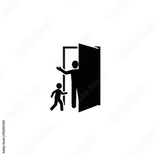Open door with adult welcoming child silhouette. Safe place and refuge concept. Vector icon illustration