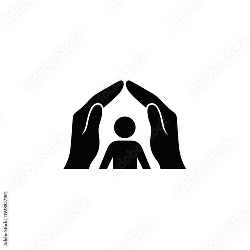 Protective hands over child icon. Family care and shelter symbol. Vector design