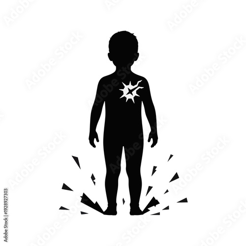 Emotional trauma concept with child and splinter in chest. Silhouette vector illustration of heartbreak and psychological pain. Isolated on transparent background