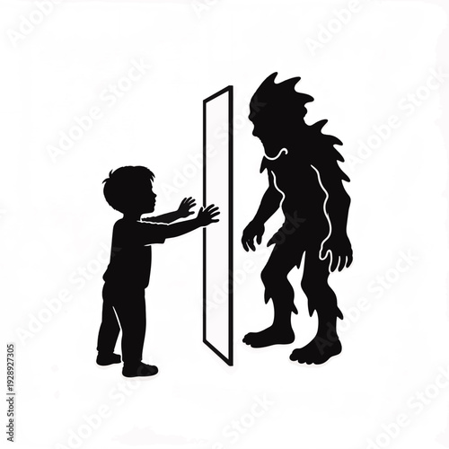 The inner monster concept illustration. Child silhouette looking at a monster reflection in a mirror. Mental health and childhood fear vector graphic isolated on transparent background