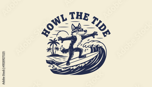 Canvas Print Surfer Wolf Riding Wave Graphic Illustration.