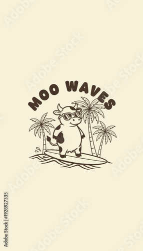 Surfer Cow Illustration with Sunglasses and Palm Trees.