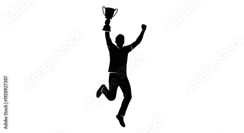Man Jumping with Trophy in Hand.