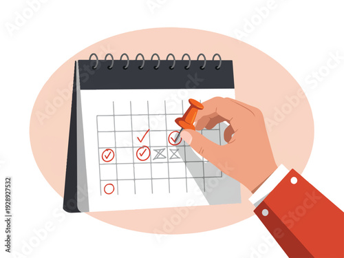 Hand holding red push pin marking calendar with checkmarks on white and gray grid paper