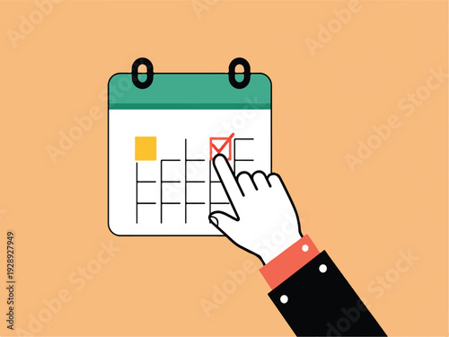Hand pointing to a calendar with a checked box on a peach background
