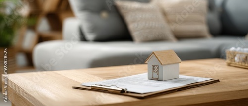 The house model on paperwork and clipboard on a wooden table in living room