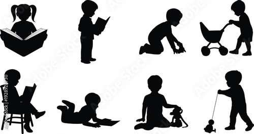 Silhouettes of children engaging in various activities such as reading, playing, and crawling book