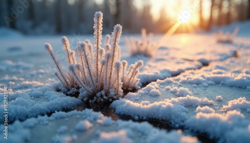 Close up of frosted grass on icy ground during golden hour sunrise with soft warm light illuminating snow covered