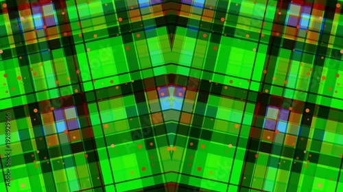 Green plaid pattern with colorful squares and orange dots