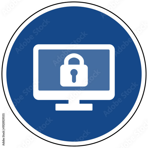 Datenschutz Computersicherheit Schloss Monitor Symbol blaues Schild Vektor Illustration