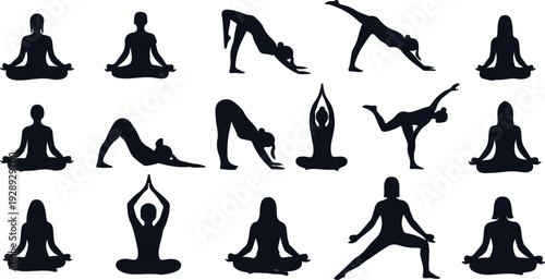 Yoga Poses Silhouette Set - Female Figures in Meditation, Downward Dog, and Warrior Asanas for Wellness and Fitness Design