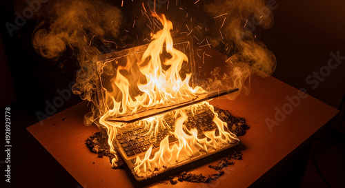 Laptop computer on fire symbolizing data loss system failure or technological disaster with flames and smoke against a dark background