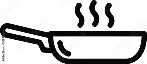 A simple black line icon of a hot frying pan with steam rising from it on a white background. Vector