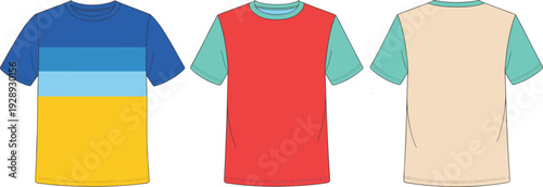 Three Colorful T- Shirts with Different and Color Combinations t-shirt blue yellow beige