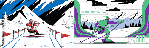 A colorful vector illustration of two skiers racing down a snowy mountain slope with flags and a scenic background