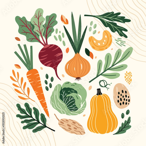 Stylized flat lay illustration of fresh garden vegetables including carrots, beets, and onions. Vector