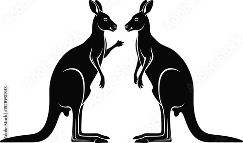 Black silhouette vector illustration of two kangaroos facing each other on a white background, perfect for Australian wildlife nature design projects.