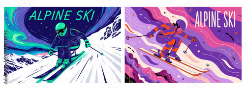 A vibrant vector graphic illustration of two skiers in action on a snowy mountain slope with colorful abstract backgrounds.