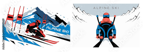 A vector graphic illustration of two alpine skiers in action with mountains and ski poles