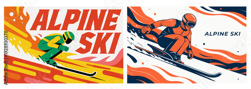 A vibrant vector graphic illustration of two skiers in action, showcasing alpine ski designs